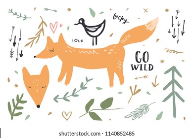 Vector image, clipart, editable details. Cute foxes set, baby prints. Scandinavian style art, modern design. Decor elements for your projects and other.