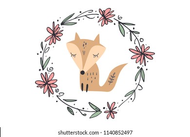 Vector image, clipart, editable details. Cute cartoon little fox art, baby print. Scandinavian style art, modern design. Decor elements for your projects and other.