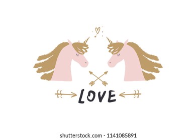 Vector image, clipart, editable details. Cute unicorns art, brush text. Scandinavian style art, modern design. Decor elements for your projects and other.