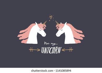 Vector image, clipart, editable details. Cute unicorns art, text card. Scandinavian style art, modern design. Decor elements for your projects and other.
