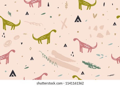 Vector image, clipart, editable details. Cute dinosaurs pattern, wallpaper, background. Scandinavian style art, modern design. Decor elements for your projects and other.