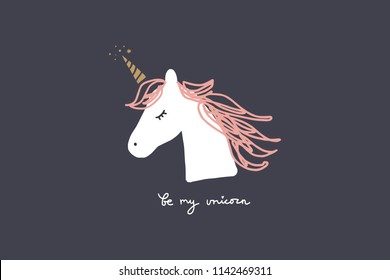 Vector image, clipart, editable details. Unicorn face, head. Baby style art. Illustration for cards, postcards, posters, clothes, branding and other.
