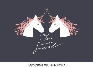 Vector image, clipart, editable details. Unicorns in love. Baby style art. Illustration for cards, postcards, posters, clothes, branding and other.