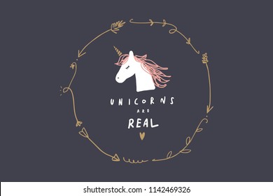 Vector image, clipart, editable details. Unicorn face, head. Baby style art. Illustration for cards, postcards, posters, clothes, branding and other.