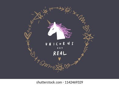 Vector image, clipart, editable details. Unicorn face, head. Baby style art. Illustration for cards, postcards, posters, clothes, branding and other.