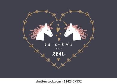 Vector image, clipart, editable details. Unicorns in love. Baby style art. Illustration for cards, postcards, posters, clothes, branding and other.