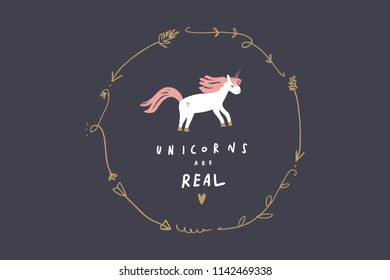 Vector image, clipart, editable details. Cute unicorn picture. Baby style art. Illustration for cards, postcards, posters, clothes, branding and other.