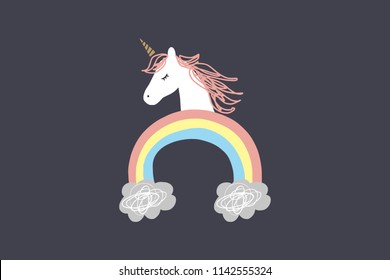 Vector image, clipart, editable details. Cute cartoon unicorn and rainbow. Baby style art. Illustration for cards, postcards, posters, clothes and other.
