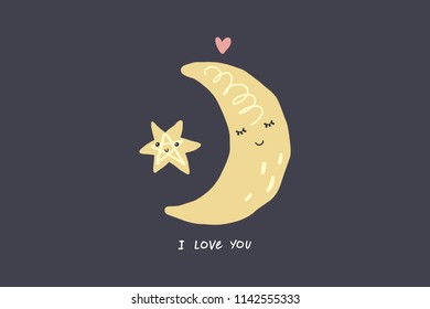 Vector image, clipart, editable details. Cute moon and star, night. Baby style art. Illustration for cards, postcards, posters, clothes and other.