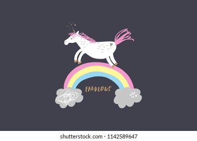 Vector image, clipart, editable details. Cute funny unicorn, rainbow. Baby style art. Illustration for cards, postcards, posters, clothes and other.