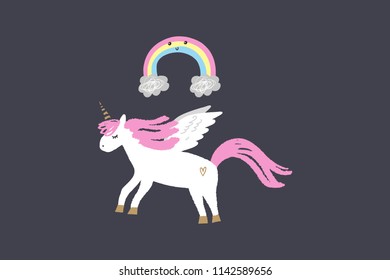 Vector image, clipart, editable details. Cute cartoon pegasus, rainbow. Baby style art. Illustration for cards, postcards, posters, clothes and other.