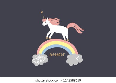 Vector image, clipart, editable details. Cute cartoon unicorn, rainbow. Baby style art. Illustration for cards, postcards, posters, clothes and other.