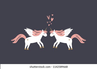 Vector image, clipart, editable details. Cute cartoon pegasus couple in love. Baby style art. Illustration for cards, postcards, posters, clothes and other.