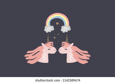 Vector image, clipart, editable details. Cute cartoon unicorns, rainbow. Baby style art. Illustration for cards, postcards, posters, clothes and other.
