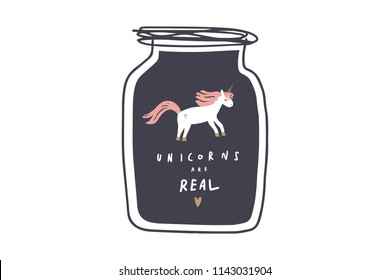 Vector image, clipart, editable details. Cute unicorn picture, magic vessel. Baby style art. Illustration for cards, postcards, posters, clothes and other.