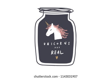 Vector image, clipart, editable details. Cute unicorn face, magic vessel. Baby style art. Illustration for cards, postcards, posters, clothes and other.