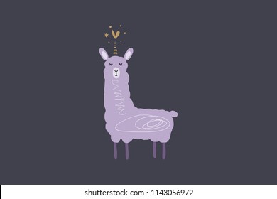 Vector image, clipart, editable details. Cute cartoon llama unicorn art, llamacorn, nursery stylish Illustration, unique print for posters, cards, clothes, invitations, t-shirts designs, baby stuff.