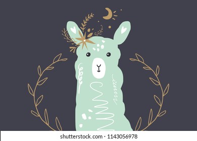 Vector image, clipart, editable details. Cute cartoon lama portrait art, nursery stylish Illustration, unique print for posters, cards, clothes, invitations, t-shirts designs, baby stuff.