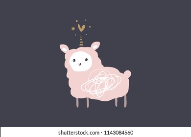 Vector image, clipart, editable details. Kawaii cartoon llama unicorn art, llamacorn for a nursery stylish Illustration, unique print for posters, cards, clothes, invitations, t-shirts designs, baby stuff.