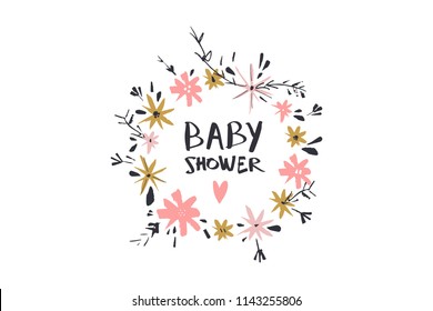 Vektorbild, Clipart, bearbeitbare Details. Handgezeichnete Blumenschablone, Babydusche stylische Rahmen, einzigartiger Druck für Karten, Kleidung, Einladungen, T-Shirts Designs, Babyartikel.