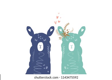 Vector image, clipart, editable details. Cute cartoon llamas portrait art, nursery stylish Illustration, unique print for posters, cards, clothes, invitations, t-shirts designs, baby stuff.
