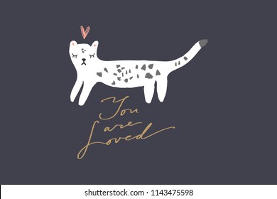 Vektorillustration-Bild, Clipart, bearbeitbare Details. Cute Cartoon Schnee Leoparden Kunst, Kindergarten stylische Illustration, einzigartiger Druck für Plakate, Karten, Kleidung, Einladungen, T-Shirts Designs, Babyartikel.