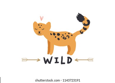 Vector image, clipart, editable details. Cartoon cute leopard art, nursery stylish Illustration, unique print for posters, cards, clothes, invitations, t-shirts designs, baby stuff.