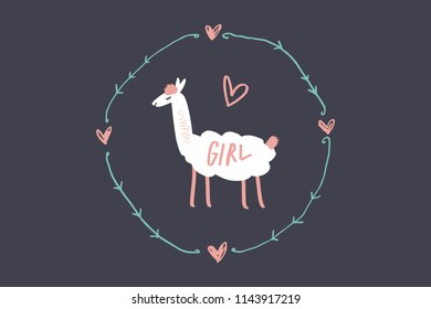 Vector image, clipart, editable isolated details. Cute cartoon girl lama art, nursery stylish Illustration, unique print for posters, cards, clothes, invitations, t-shirts designs, baby stuff.