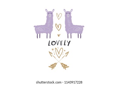 Vector image, clipart, editable isolated details. Cute cartoon llamas in love, nursery stylish Illustration, unique print for posters, cards, clothes, invitations, baby stuff.