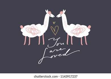 Vector image, clipart, editable isolated details. Cute cartoon lamas in love, nursery stylish Illustration, unique print for posters, cards, clothes, invitations, t-shirts designs, baby stuff.