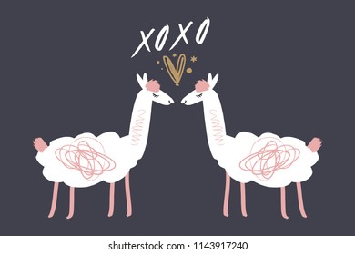 Vector image, clipart, editable isolated details. Cute cartoon llamas in love, nursery stylish Illustration, unique print for posters, cards, clothes, invitations, baby stuff.