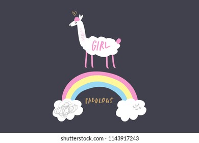 Vector image, clipart, editable isolated details. Cute cartoon girl lama art, nursery stylish Illustration, unique print for posters, cards, clothes, invitations, t-shirts designs, baby stuff.