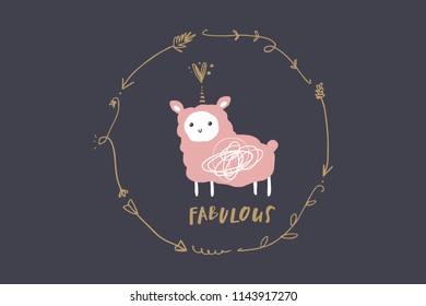 Vector image, clipart, editable isolated details. Cute cartoon girl lama art, llamacorn, nursery stylish Illustration, unique print for posters, cards, clothes, invitations, baby stuff.