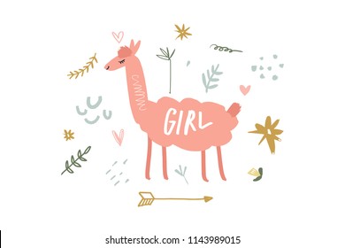 Vector image, clipart, editable isolated details. Cute cartoon lama art, nursery stylish Illustration, unique print for posters, cards, clothes, invitations, baby stuff.