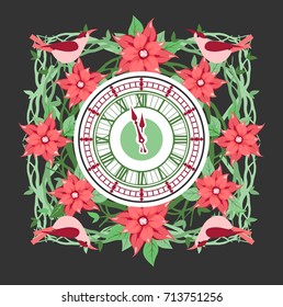 Vector image of a clock face in a frame of Christmas colors  birds on a black background