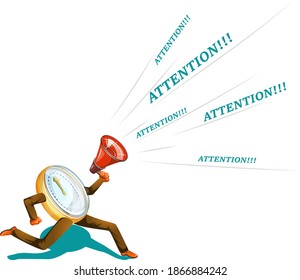 Vector image of a clock running on their feet with a megaphone in their hands. The concept of running away time. Cartoon. EPS 10
