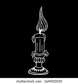 
Vector image. Close-up of abstract candlestick with a burning candle on an isolated black background. Cover design, tattoo, clothing print,