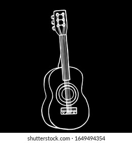 
Vector image. Close-up musical instrument, guitar on a black isolated background. Design for cards, covers, tattoos.