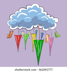 Vector image of cloud decorated with rubber boots and umbrellas isolated on violet background. Illustration for children production. Special picture for goods protection from rain and bad weather.