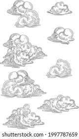 Vector image of clouds in the style of engraving. There is no background. 