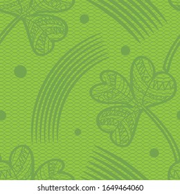 Vector image of clover, circles and rainbow on a green carved background. Seamless pattern for textile, wallpaper and wrapping paper.