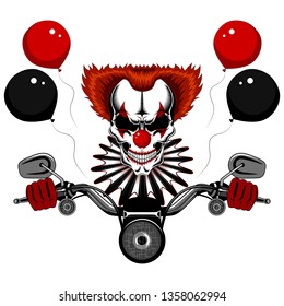 Vector image of a clown skull driving a motorcycle. Clown skull with red hair and a jabot.