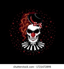 Vector image of a clown skull in a hat with a bow. Image on a black background.