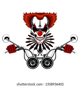 Vector image of a clown skull in red gloves driving a motorcycle. Clown skull with red hair and jabot on a white background.