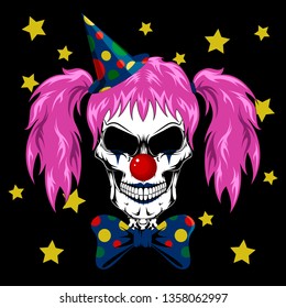 Vector image of a clown's skull with pink hair. Skull in a clown cap and a bow around the neck.