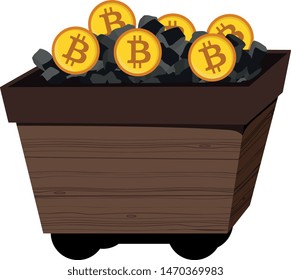 Vector image of a coal cart and bitcoins