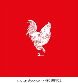 Vector image of an cock on red background. Silhouette of white cock
