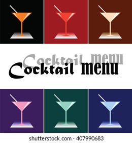 Vector image with cocktail glasses on colorful square backgrounds with sign