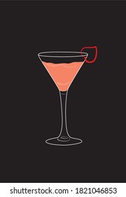 Vector image of cocktail in martini glass with romantic heart on black background