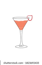 Vector image of cocktail in martini glass with romantic heart on white background